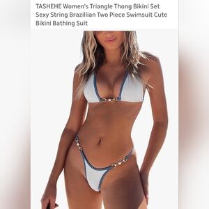 White & Blue Ring-Accent Triangle Thong Bikini. B-12